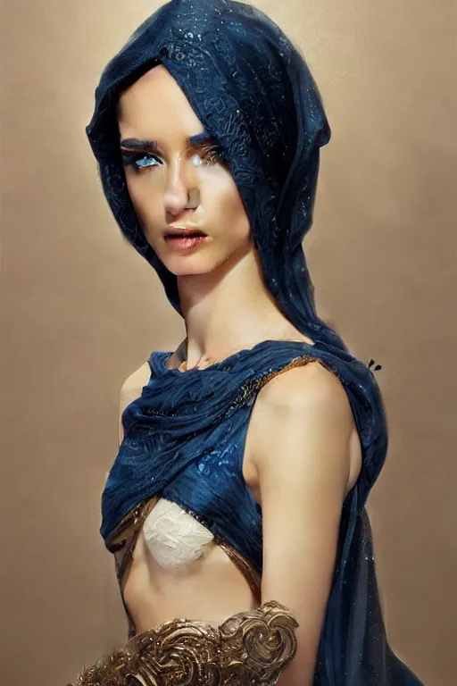 Image similar to ameera al taweel woman , bright blue eyes, wavy black hair, white veil, closeup, cinnamon skin color, elegant, highly detailed, centered, oil painting, artstation, concept art by tom bagshaw