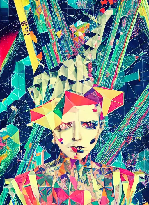 Prompt: portrait of a lowpoly punk goth fashion fractal girl with a musicassette head wearing kimono made of transistors, poster art by kurt schwitters james jean liam brazier victo ngai tristan eaton
