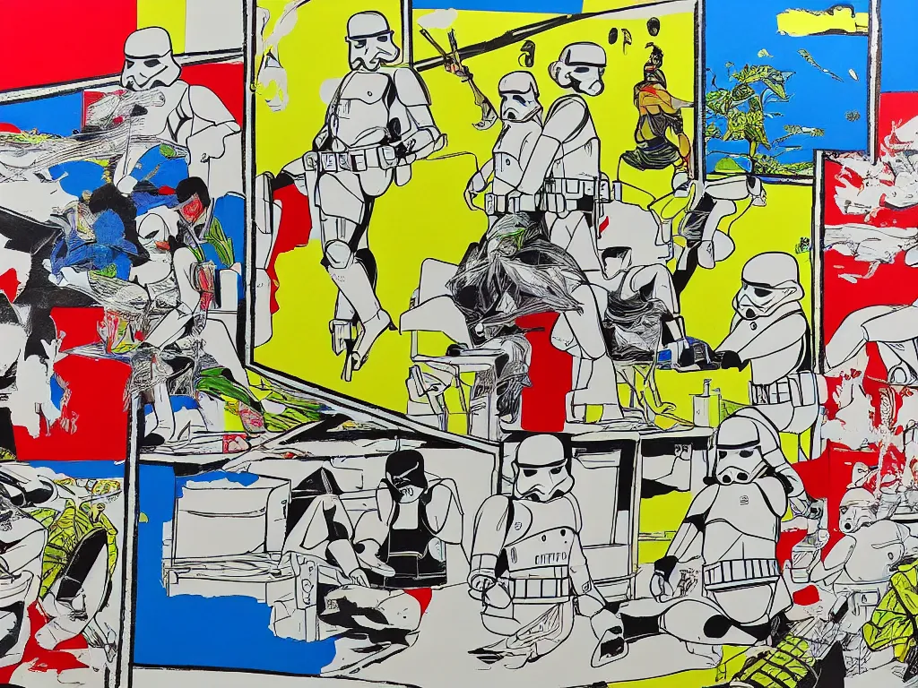 Image similar to hyperrealism composition of the japanese house with a hot springs in the garden, detailed stormtrooper in hot springs, pop - art style, jacky tsai style, andy warhol style, roy lichtenstein style, acrylic on canvas