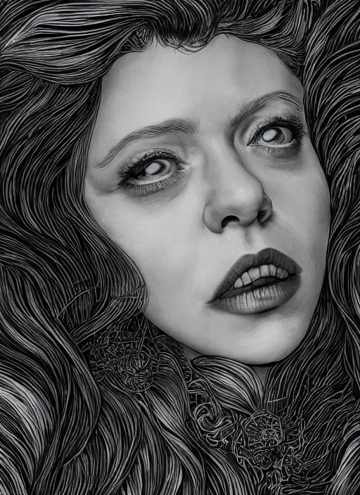 Image similar to closeup portrait of natasha lyonne, an ultrafine detailed illustration by james jean, intricate linework, bright colors, final fantasy, behance contest winner, vanitas, angular, altermodern, unreal engine 5 highly rendered, global illumination, radiant light, detailed and intricate environment