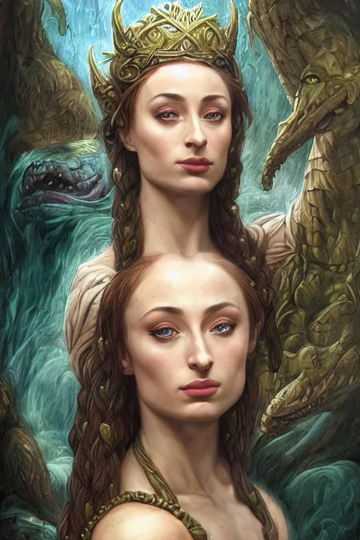 Image similar to A fantasy comic book style portrait painting of, hybrid, Oona Chaplin, Sophie Turner, as an Atlantean, Reptilian Warrior, Mystical Valkyrie, François Boucher, Oil Painting, unreal 5, DAZ, hyperrealistic, octane render, Regal, Refined, Detailed Digital Art, RPG portrait, Michael Cheval, William-Adolphe Bouguereau, Walt Disney (1937), Steampunk, dynamic lighting, Highly Detailed, Cinematic Lighting, Unreal Engine, 8k, HD