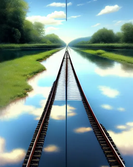 Image similar to shallow reflective water completely covers submerged train tracks as a girl walks along carrying her shoes, there is a train station in the distance and large white clouds on a wide horizon, intricate, elegant, highly detailed, digital photo, artstation, concept art, smooth, sharp focus, illustration, art by artgerm and greg rutkowski and fra angelico