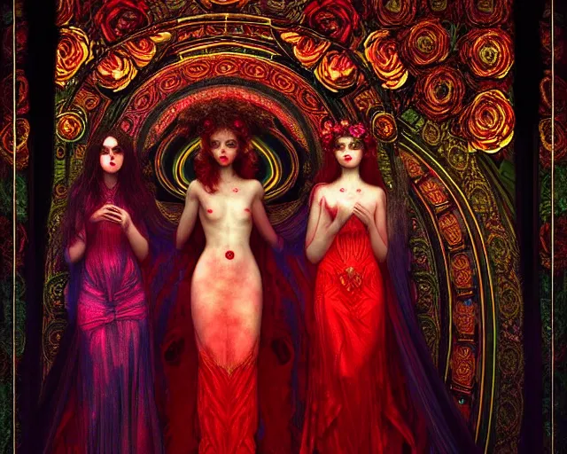 Prompt: three stunning goddesses with beautiful angelic faces, wearing psychedelic wicca, in wedding dresses, red neon roses, full body, dark and mysterious, atmospheric, ominous, eerie, cinematic light, epic, 8 k 3 d, ultra detail, ultra realistic, by wlop, by mucha, by giger