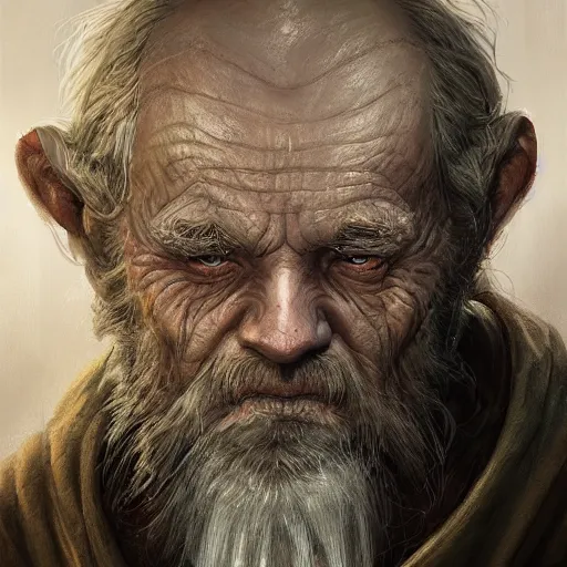 Image similar to a detailed matte head - on portrait painting of a sweet ugly old hobbit man, with a large scar and missing teeth portrait by charlie bowater, lise deharme, wlop, tending on arstation, dungeons and dragon, dnd, pathfinder, fanart, oil on canvas