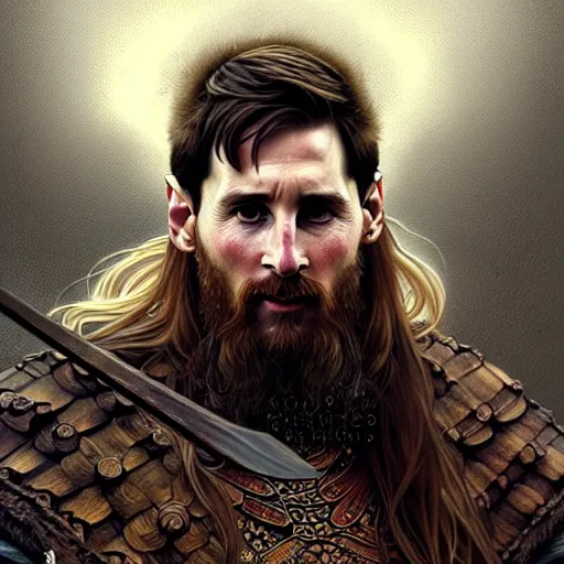 Image similar to Messi as a viking, D&D, fantasy, intricate, elegant, highly detailed, digital painting, artstation, concept art, matte, sharp focus, illustration, art by Artgerm and Greg Rutkowski and Alphonse Mucha