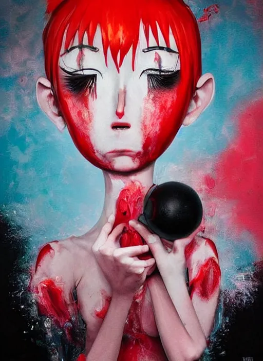 Prompt: a dramatic emotional hyperrealistic pop surrealist oil panting of a sad sobbing grotesque kawaii vocaloid figurine caricature sobbing red in the face uglycrying with tears and snot featured on spitting image by passarotti made of badballs, 😭🤮 💔