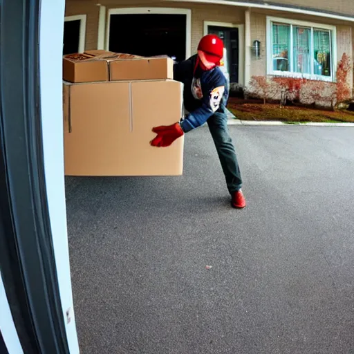 Prompt: fisheye view of dinosaur stealing packages, ring doorbell view