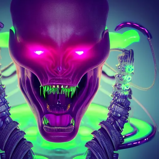 Prompt: synthwave demonic alien face with neon tattos, detailed face, sharp focus, synthwave art, aesthetic, octane render, raw, cinematic