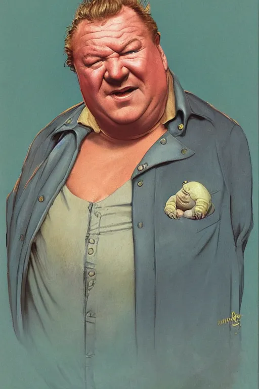 Image similar to dynamic upper body portrait of ray winstone as a toad hybrid and dressed as baron harkonnen, by norman rockwell and boris vallejo