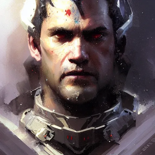 Prompt: Portrait painting of a paladin by greg rutkowski and Craig Mullins, Dark atmospheric and cinematic lighting