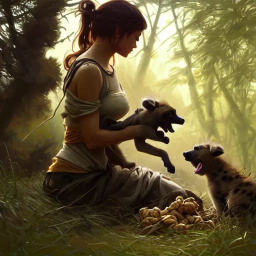 Image similar to photo of a hyenagirl feeds puppies in the forest, highly detailed, digital painting, artstation, smooth, sharp focus, illustration, art by artgerm and greg rutkowski and alphonse mucha