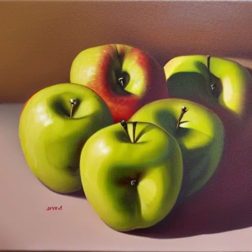 Prompt: apples with human mouths, smiling, oil painting