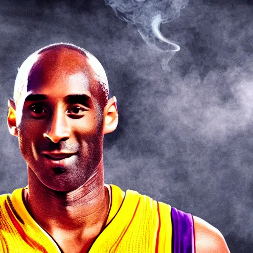 Image similar to selfie of kobe bryant in a helicopter, smoke around him, 8k resolution, hyper detailed, shot in the air