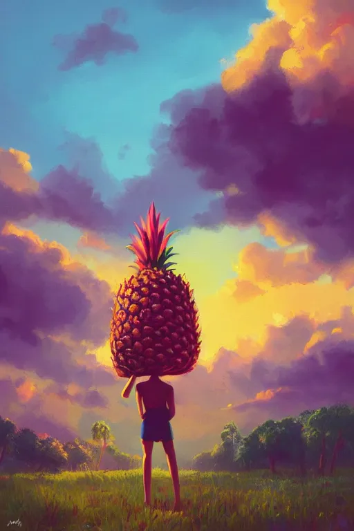 Image similar to closeup, giant pineapple head, girl surrounded by djungle, surreal photography, golden hour, colorful clouds, impressionist painting, digital painting, artstation, simon stalenhag