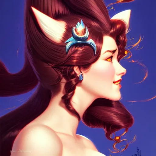 Prompt: head and shoulders portrait of Ahri of League of Legends illustration, medium shot, intricate, elegant, highly detailed, digital art, ffffound, art by gil elvgren and sachin teng