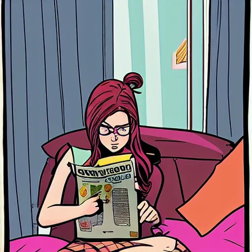 Prompt: teenage girl reading a comic book in her bedroom, art by Gabriel Picolo.