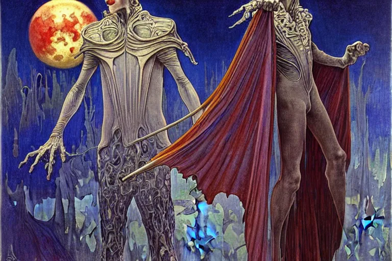 Prompt: realistic extremely detailed portrait painting of an elegantly creepy vampire man in a cape, futuristic sci-fi castle on background by Jean Delville, Amano, Yves Tanguy, Alphonse Mucha, Ernst Haeckel, Edward Robert Hughes, Roger Dean, rich moody colours, blue eyes