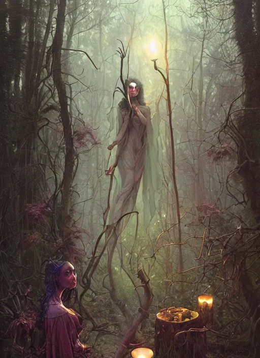 Image similar to a hyper realistic witch shrine, candles, in the woods, distant explosions, gorgeous lighting, lush forest foliage, painting by chiara bautista and tom bagshaw, mucha, beksinski and norman rockwell and greg rutkowski weta studio, and lucasfilm