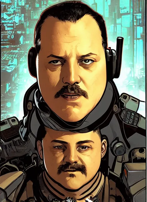 Image similar to cyberpunk paul blart. portrait by ashley wood and alphonse mucha and laurie greasley and josan gonzalez and james gurney. spliner cell, apex legends, rb 6 s, hl 2, d & d, cyberpunk 2 0 7 7. realistic face. vivid color. dystopian setting.