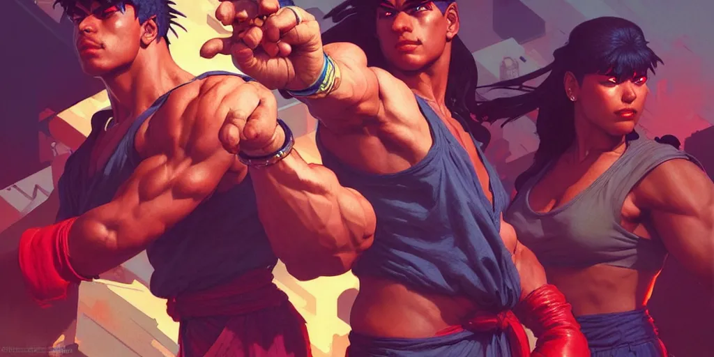 Prompt: a 1 9 8 0 s gang street fighter, highly detailed, digital painting, artstation, concept art, matte, sharp focus, illustration, art by artgerm and greg rutkowski and alphonse mucha