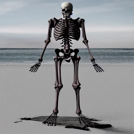 Image similar to highly detailed anatomically accurate skeleton on the beach with nuclear explosion in the background, trending on Artstation