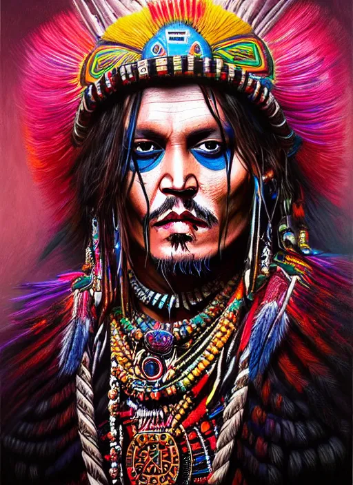 Image similar to portrait of johnny depp, hyper detailed ultra sharp aztec shaman warrior. trending on artstation, warpaint aesthetic, bloodwave, colorful, psychedelic, ornate, intricate, digital painting, concept art, smooth, sharp focus, illustration, art by artgerm and greg rutkowski and h. r. giger, 8 k