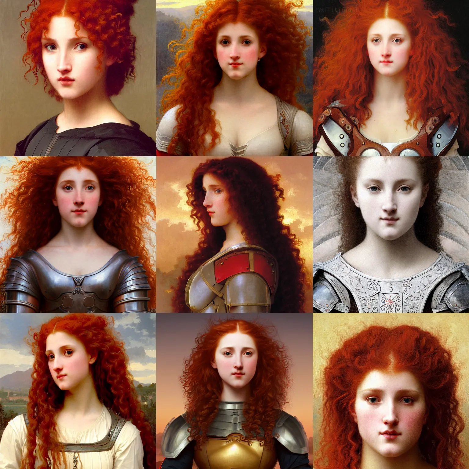 Prompt: Symmetrical knight of symmetry. Thick Stocky red-haired holy woman with long curly symmetrical red hair. Plate armor. Cheerful. Art by William-Adolphe Bouguereau. During golden hour. Extremely detailed. Beautiful. 4K. Award winning.