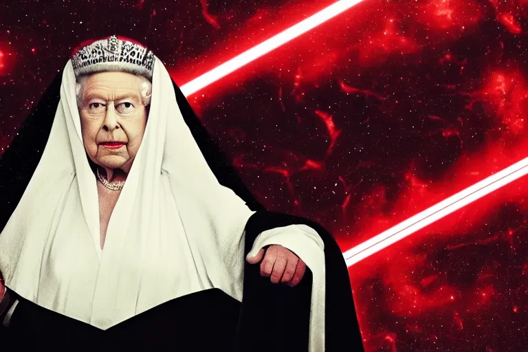 Prompt: a photo of the queen of england as a sith lord in black robes from star wars, photorealistic, 8 k, cinematic, dark red space background