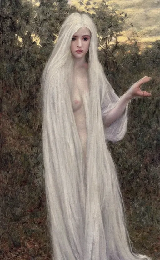 Prompt: who is this angel with silver hair so pale and wan! and thin!?, lone petite feminine goddess, wearing long silver robes, flowing hair, pale fair skin!!, young cute face, covered!! hair, clothed!! lucien levy - dhurmer, jean deville, oil on canvas, 1 8 9 6, 4 k resolution, aesthetic!, mystery