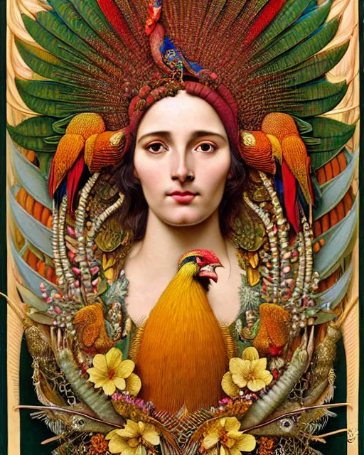 Image similar to hyperrealistic detailed face portrait of the beautiful goddess of the golden pheasants with an intricate headgear of golden pheasant, red berries, leaves, field flowers, pears, apples, art by ernst haeckel, john william godward, android jones, alphonso mucha, h. r. giger, gothic - cyberpunk, ornamental, beautiful deep colours,