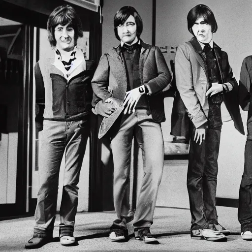 Prompt: The Monkees standing next to a much larger clock ultra detailed hd photo realistic