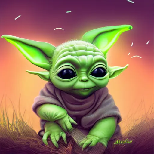 Prompt: Baby yoda sitting under a tree surrounded by luminous fireflies, digital art, trending on artstation, HDR