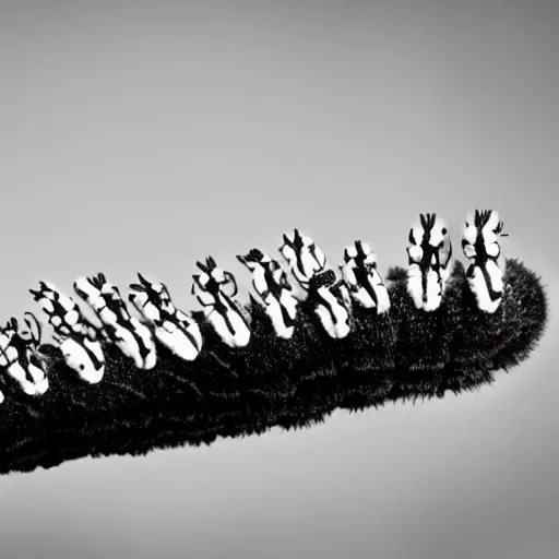 Image similar to caterpillar made of skulls, black and white photo