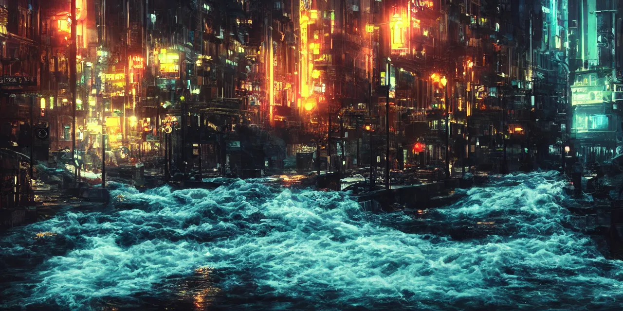 Prompt: street level view of turbulent river rapids rushing through a city at night , volumetric lighting, rain, 4k, octane, digital painting, artstation, concept art, sharp focus, illustration, high contrast, high saturation , cinematic film still,