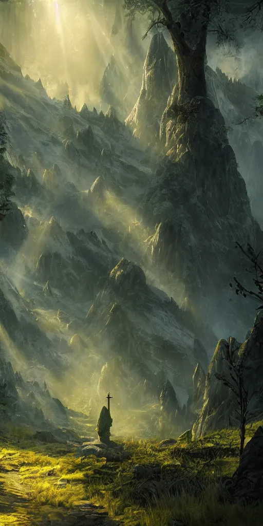 Prompt: a single tall mountain reaching towards space, an ecological gothic scene with a beautiful druid in the distance, witch runes in the deep forest, magical clearing, sunshafts, dramatic lighting, dust motes floating in the sunlight, 4 k concept art