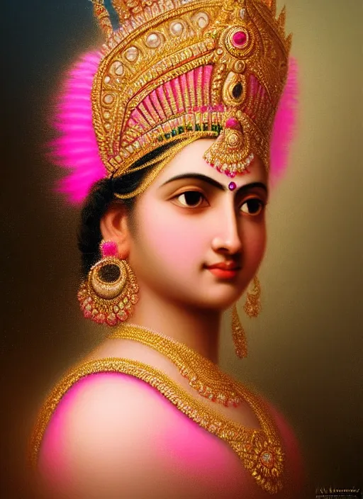 Image similar to stunning indian godess princess, detailed pink and white feathers head peace against a black backdrop by ivan aivazovsky, 3 / 4 view portrait, wlop, super sharp details, photorealism, canon 5 d, 5 0 mm lens, stunning photoshot, beautiful soft lighting, muted colours, artstation