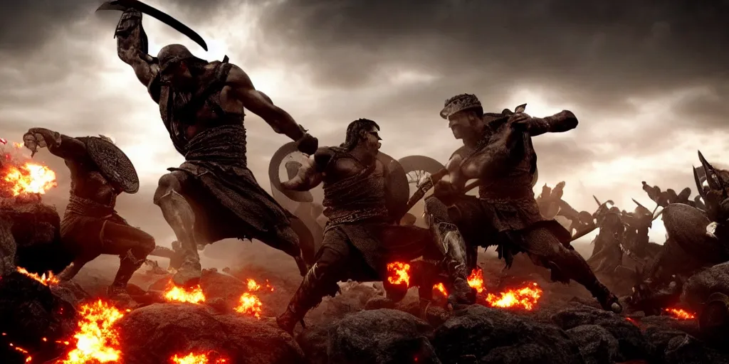 Image similar to epic battle screen of hero, film still from the movie'3 0 0'( 2 0 0 6 ), 3 d, 8 k realistic, cryengine, playstion 5 screen, cinematic lighting