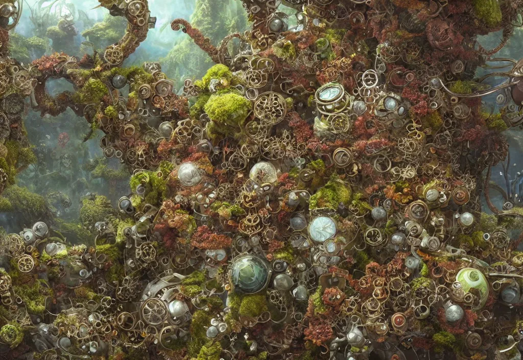 Image similar to illustration and highly detailed render of a strange moss fungus and coral creature, tendrils, steampunk, biological machinery, microbiological environment, ultra realistic, concept art, intricate details, cheerful, highly detailed, photorealistic, octane render, 8 k, unreal engine. art by hr guger and artgerm and greg rutkowski and alphonse mucha