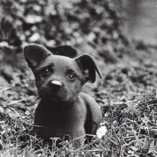 Prompt: photograph of a puppy in a trench ww2 grainy 35mm film