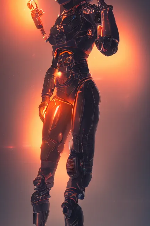 Prompt: female character, space traveller, proportional figure, delicate features, alluring, cyberpunk armor, navigator gear, dark gray and orange, plated, dark orange background, poster style, ultra realistic, ultra detailed, volumetric light, unreal engine, 8 k