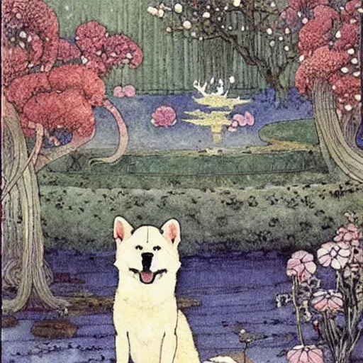 Prompt: a red akita inu in a moonlit palace garden, by warwick goble and kay nielsen