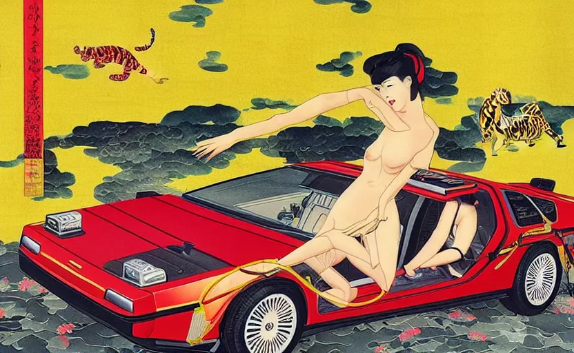 Prompt: a red delorean and a yellow tiger body, painting by hsiao - ron cheng & utagawa kunisada, magazine collage style,