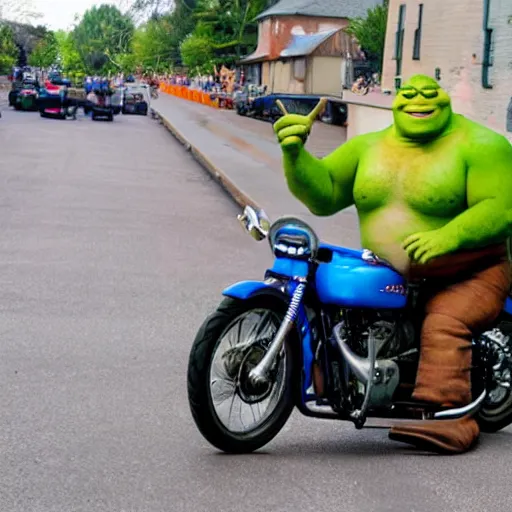 Image similar to shrek doing motorcycle wheelie