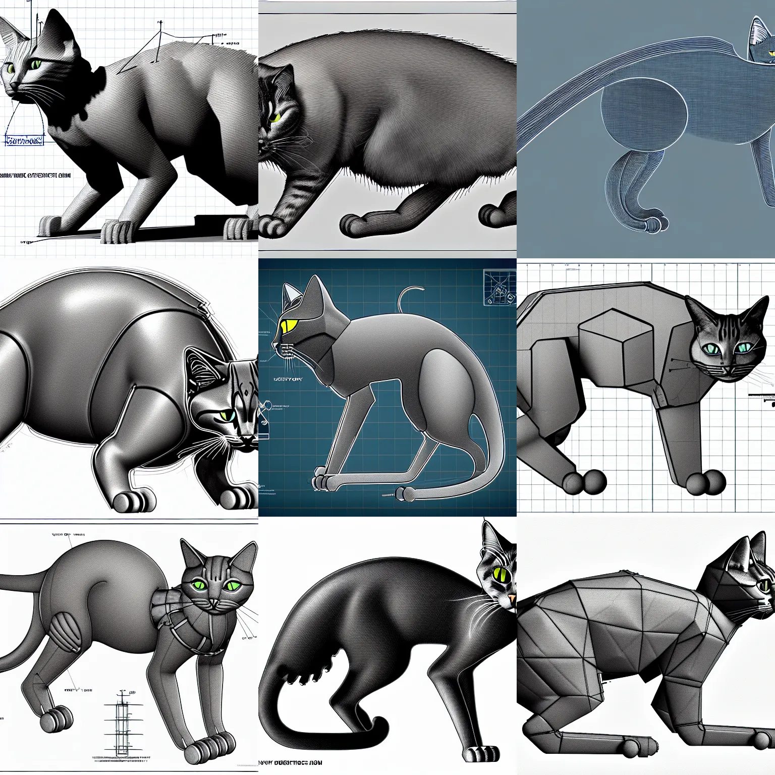 Prompt: ultra detailed blueprint for a mechanical cat, desaturated, concept art