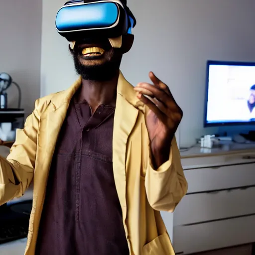 Prompt: paparazzi photo of an sudanese man dressed as doctor! smiling wearing a vr headset in a sitting room, dynamic shot, high quality, dramatic lighting, high definition, movie scene