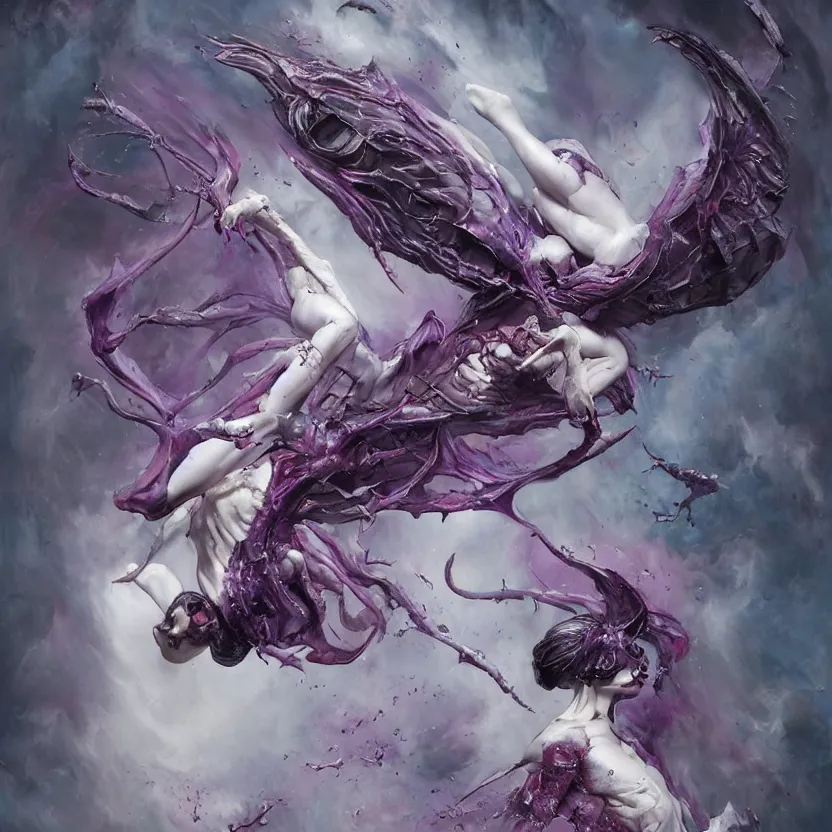 Prompt: a portrait of a white skin female demon flying, purple Leather wings, melting, organic biomass, webbing,8k,by tristan eaton,Stanley Artgerm,Tom Bagshaw,Greg Rutkowski,Carne Griffiths, Ayami Kojima, Beksinski, Giger,trending on DeviantArt,face enhance,hyper detailed,minimalist,horror, android, full of colour