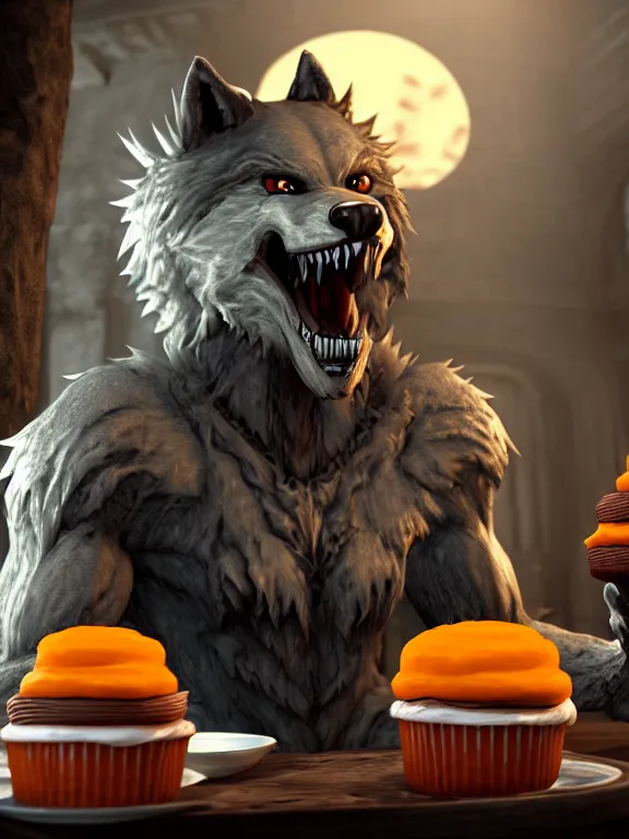 Image similar to cute handsome cuddly burly surly relaxed calm timid werewolf from van helsing holding a delicious cupcake with orange frosting sitting down at the breakfast table in the kitchen of a normal suburban home unreal engine hyperreallistic render 8k character concept art masterpiece screenshot from the video game the Elder Scrolls V: Skyrim