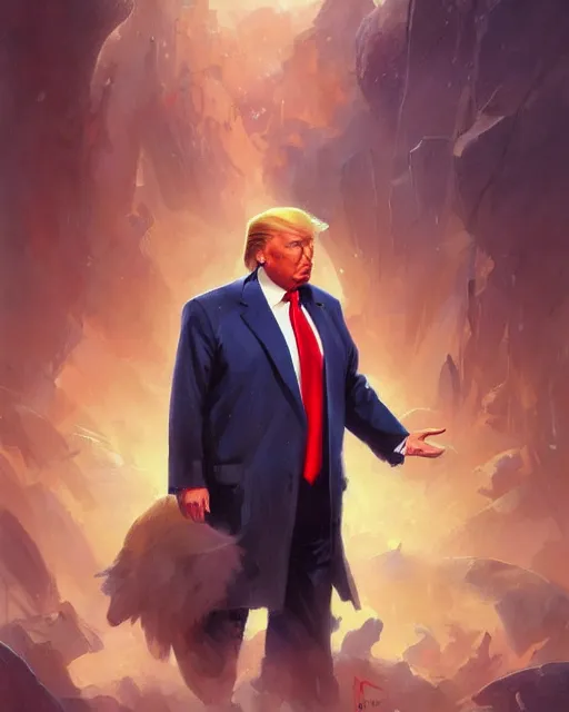 Image similar to painting of donald trump, serene, by peter mohrbacher, wadim kashin, greg rutkowski, larry elmore, george pemba, ernie barnes, raymond swanland, magali villeneuve, trending on artstation