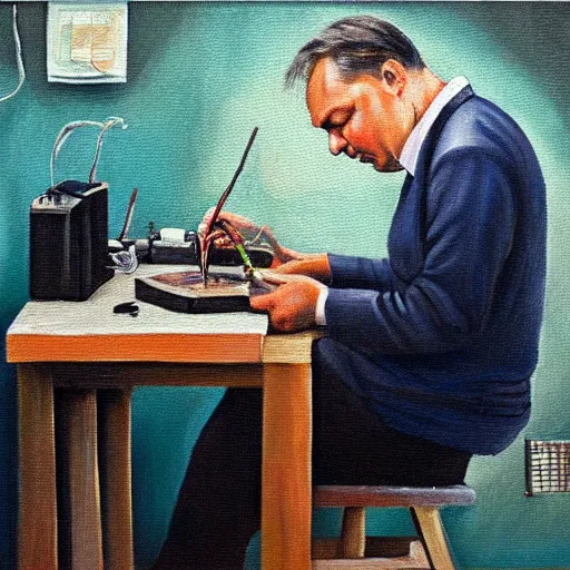 Image similar to viktor orban soldering in a cubicle, oil painting