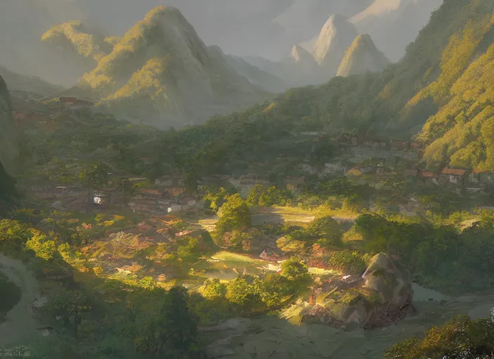 Image similar to concept art painting of a distant small woodland village in a valley seen from above, early morning, european japanese buildings, beside a river, cel shaded, detailed, realistic, by makoto shinkai and moebius and greg rutkowski and james gurney